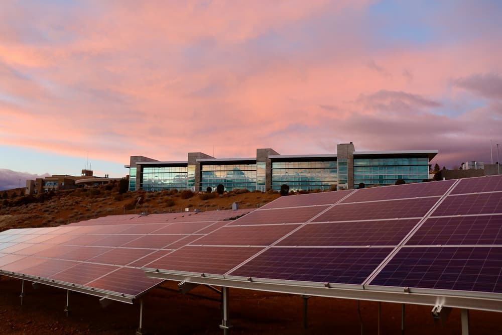 Commercial solar array glowing at golden hour